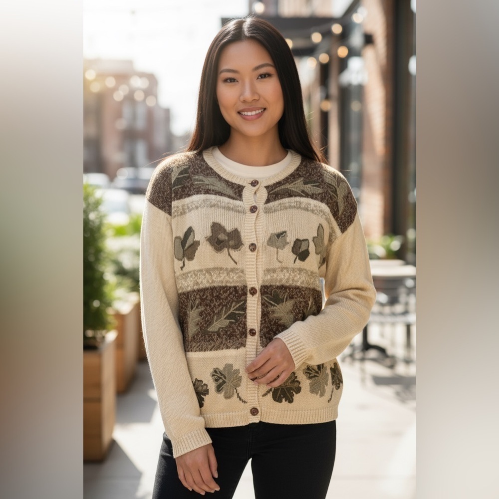 Milano Vintage Leaf Patterned Brown and Cream Knit cardigan Sweater
